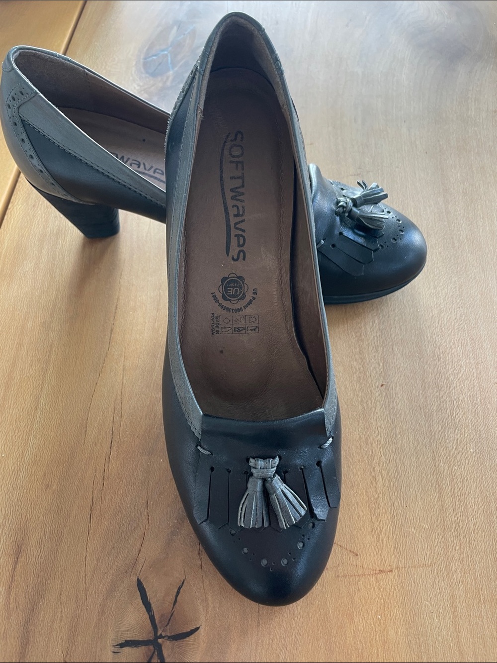 Softwaves Black Tassel Mid Heel Pumps